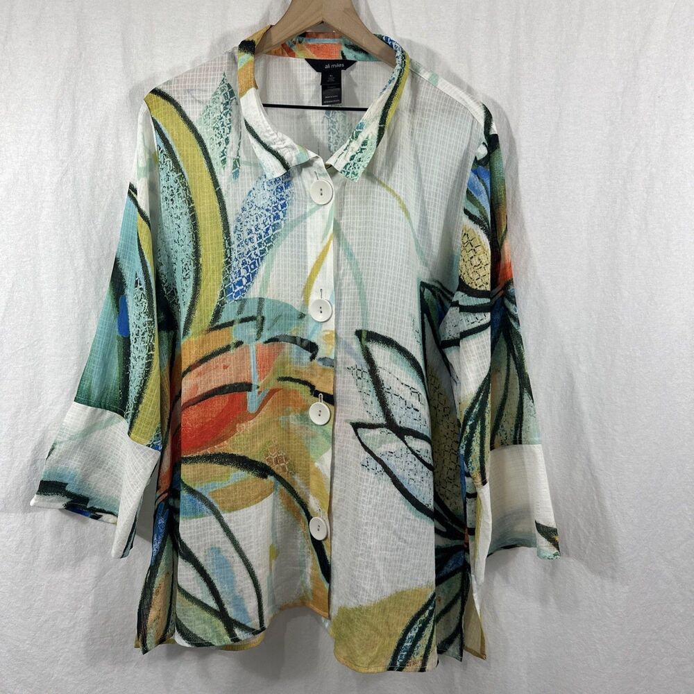 Ali Miles Artsy Colorful Wired Collar Button Tunic Top Womens Sz XL Art To Wear